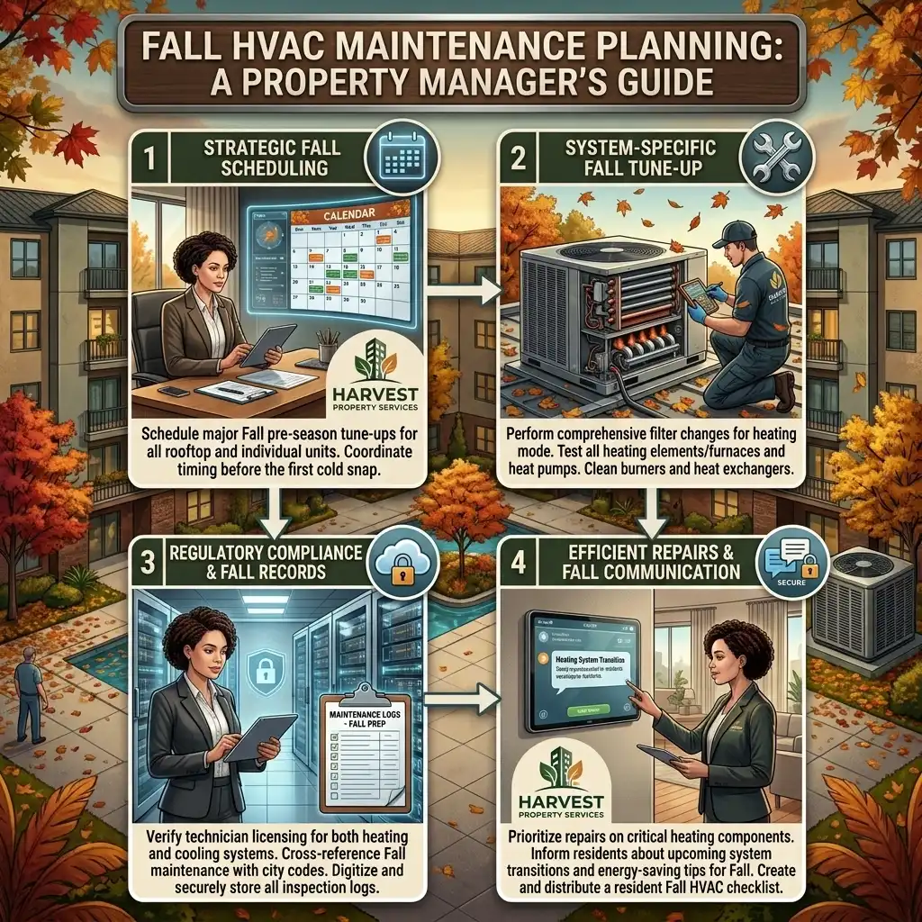 Commercial rooftop HVAC unit next to a fall planning calendar and budget trend indicator