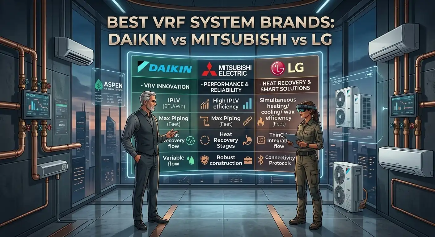 HVAC engineers compare Daikin, Mitsubishi Electric, and LG VRF system specifications on a large, high-tech transparent screen in a modern mechanical operations room. Brand logos, piping details, and a cityscape are visible.