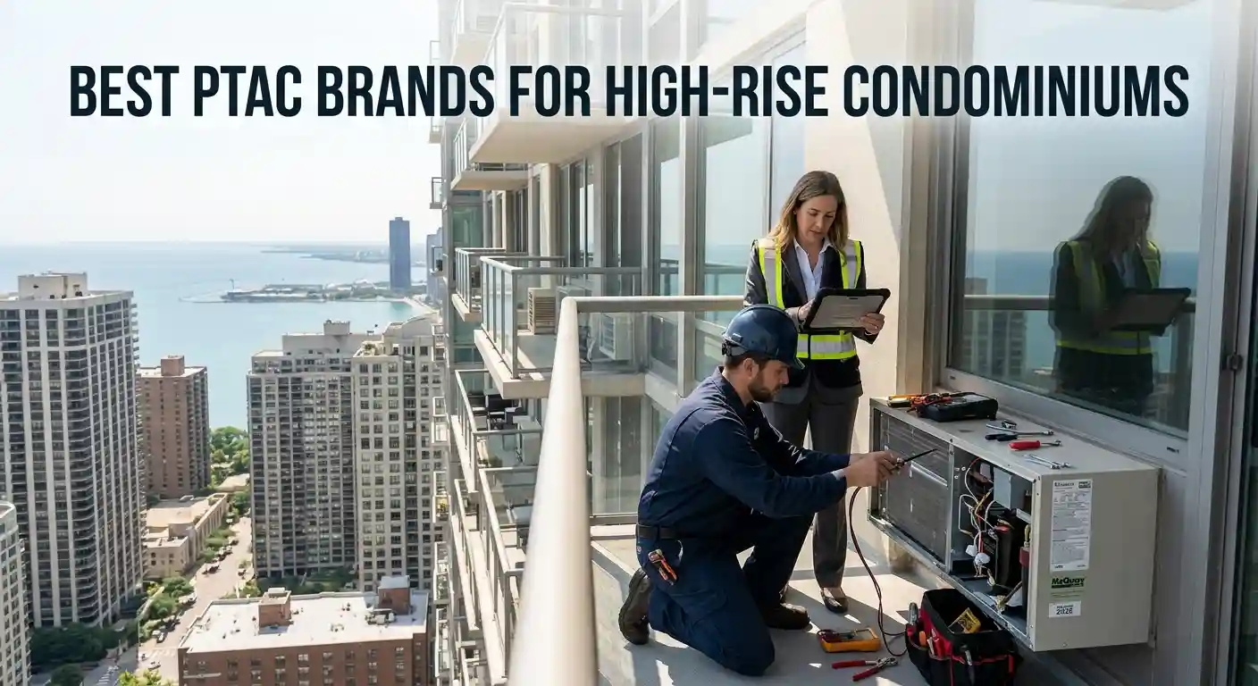 Technician servicing a PTAC unit on a high-rise condominium balcony.