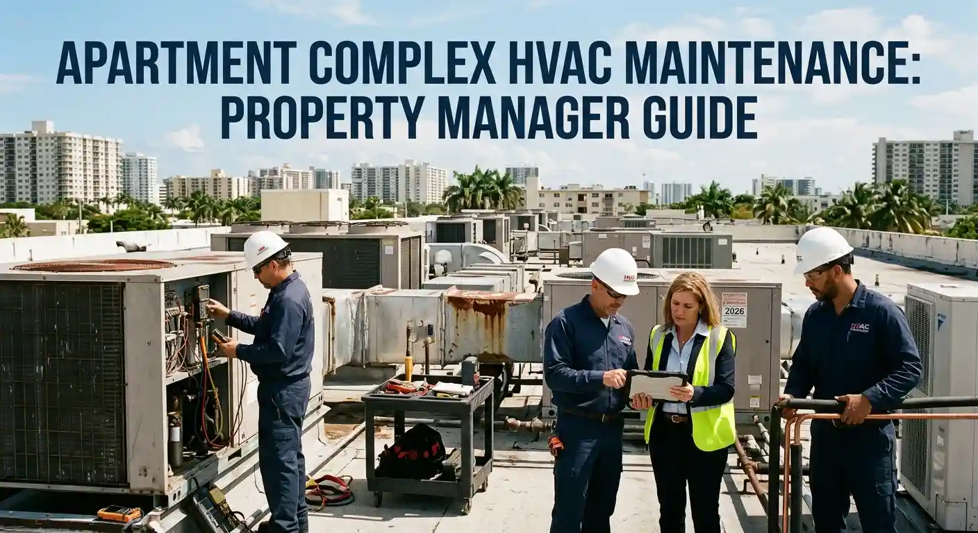 Property manager reviewing rooftop AC maintenance with HVAC technicians.