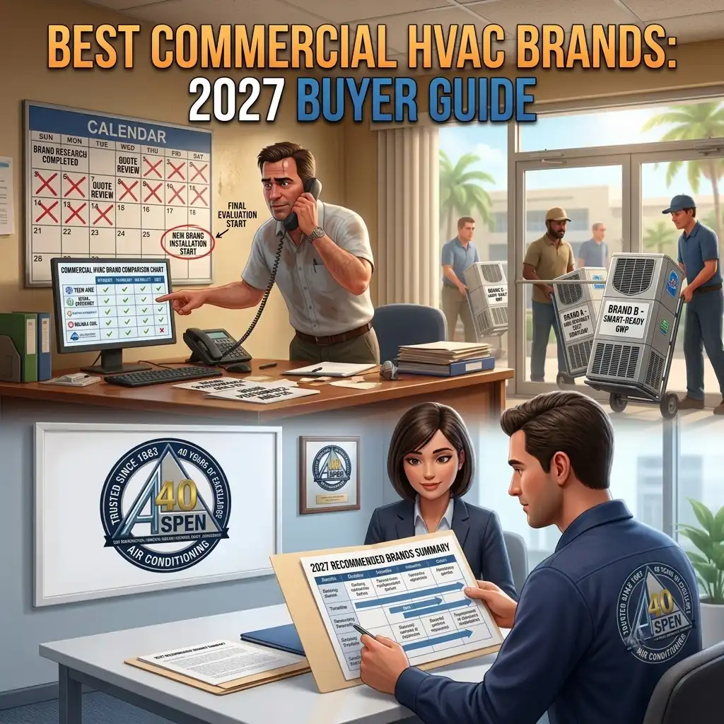 An illustrative 3D infographic for a 2027 commercial HVAC buyer guide, split between an office worker comparing brands on a monitor and technicians reviewing a recommended brands summary. New, labeled units are visible being moved outside near palm trees.