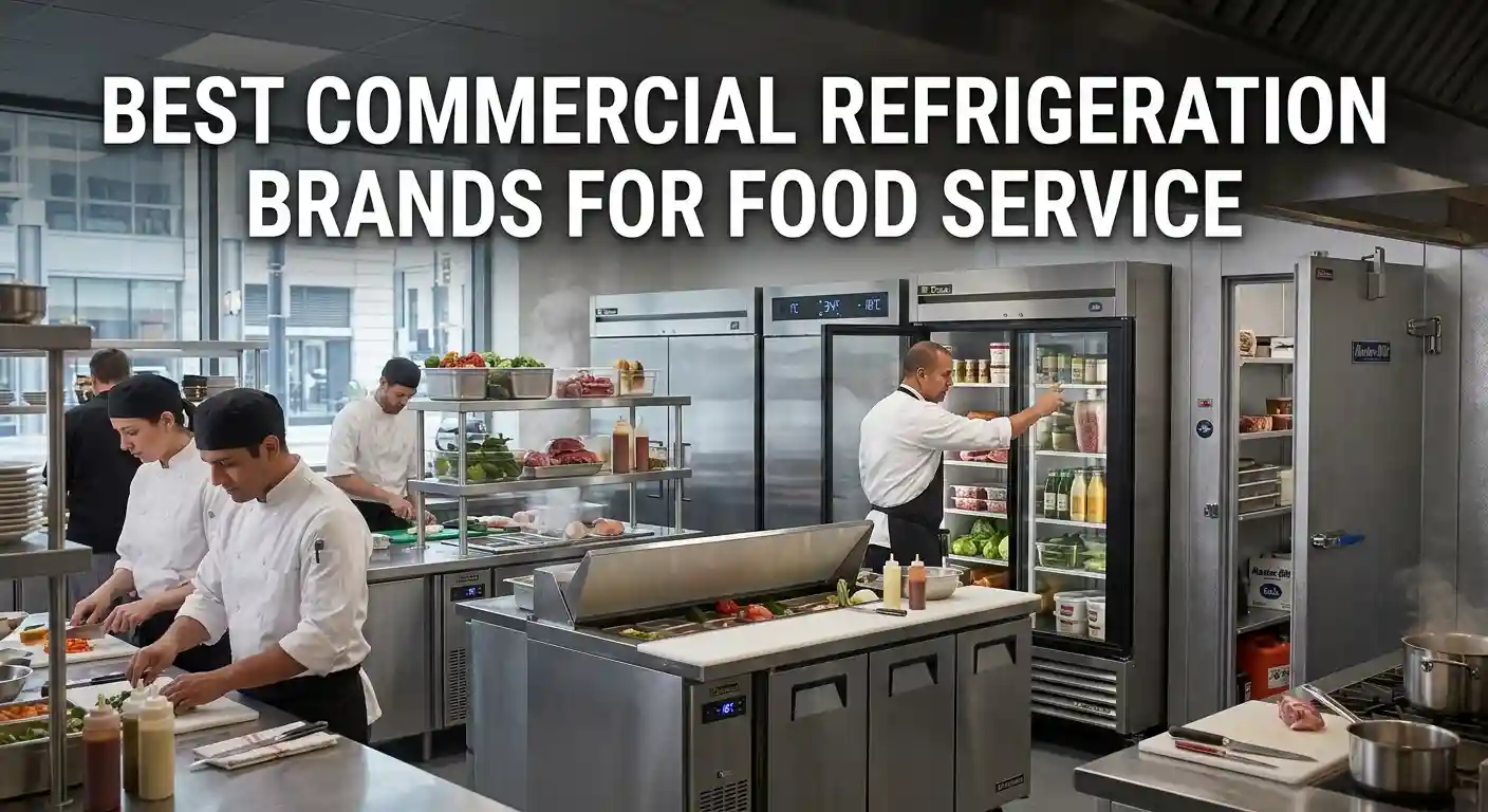 Chefs working in a restaurant kitchen with commercial reach-in and walk-in refrigerators.