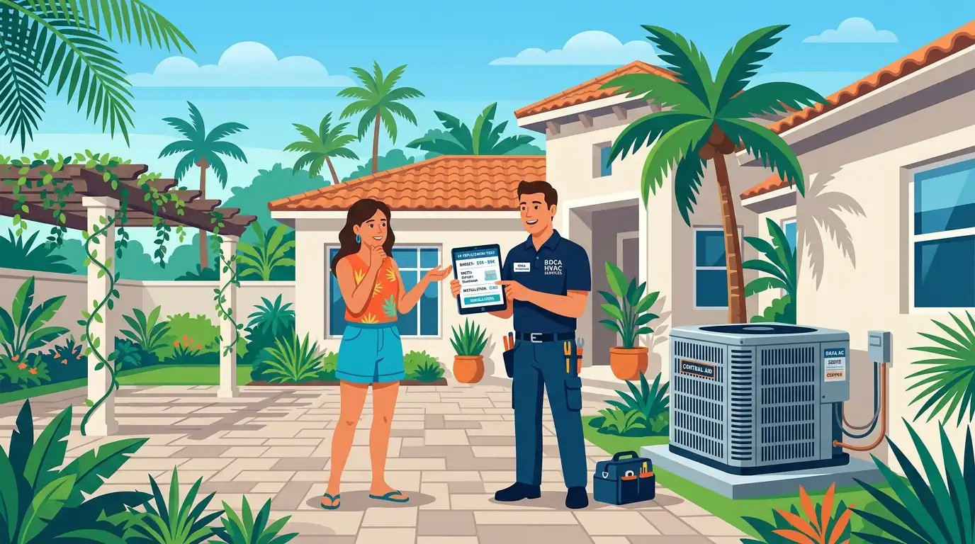 Flat vector illustration of an HVAC technician and homeowner discussing budget breakdown for a central air conditioning unit replacement in a sunny Boca Raton courtyard with palm trees.