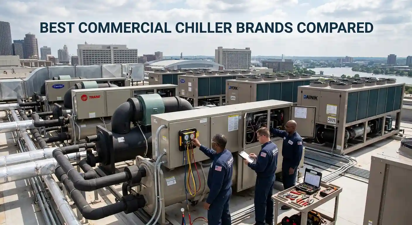 Technicians inspecting industrial rooftop water chillers on a commercial building.