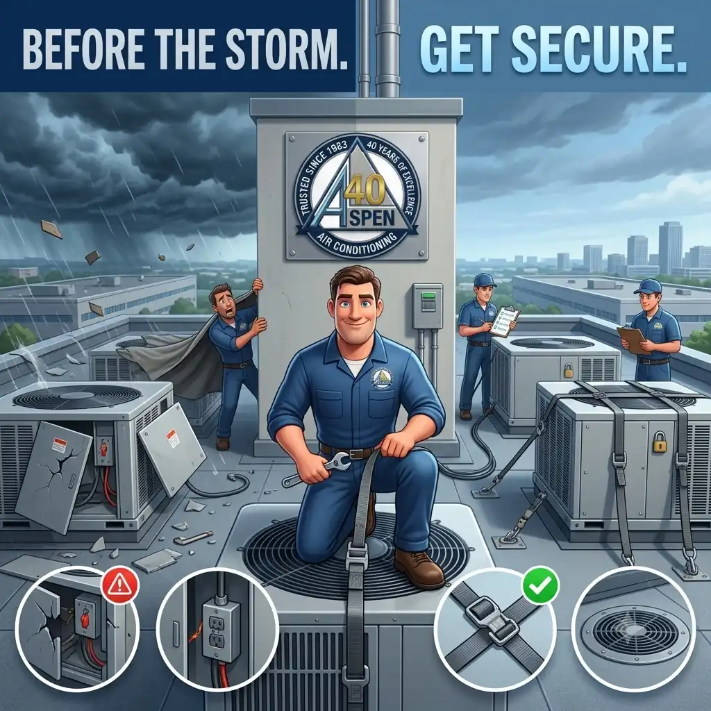 Commercial rooftop HVAC unit secured with hurricane tie-downs against storm winds
