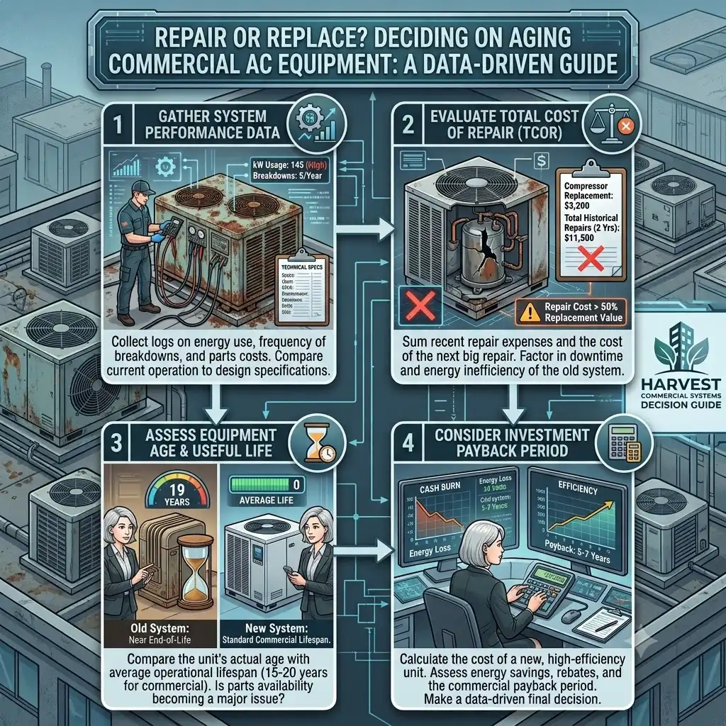 Three signals pointing toward commercial AC replacement: age, repair cost ratio, refrigerant type