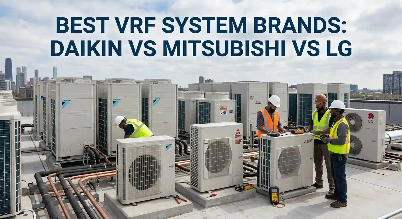 Technicians inspecting rooftop VRF units from Daikin, Mitsubishi, and LG.