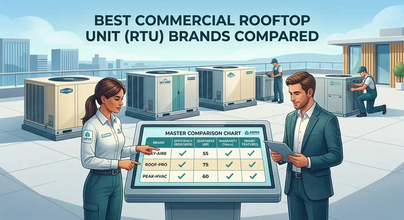 An illustrative comparison of top commercial rooftop HVAC unit (RTU) brands on a modern rooftop, featuring performance charts and professional evaluation.
