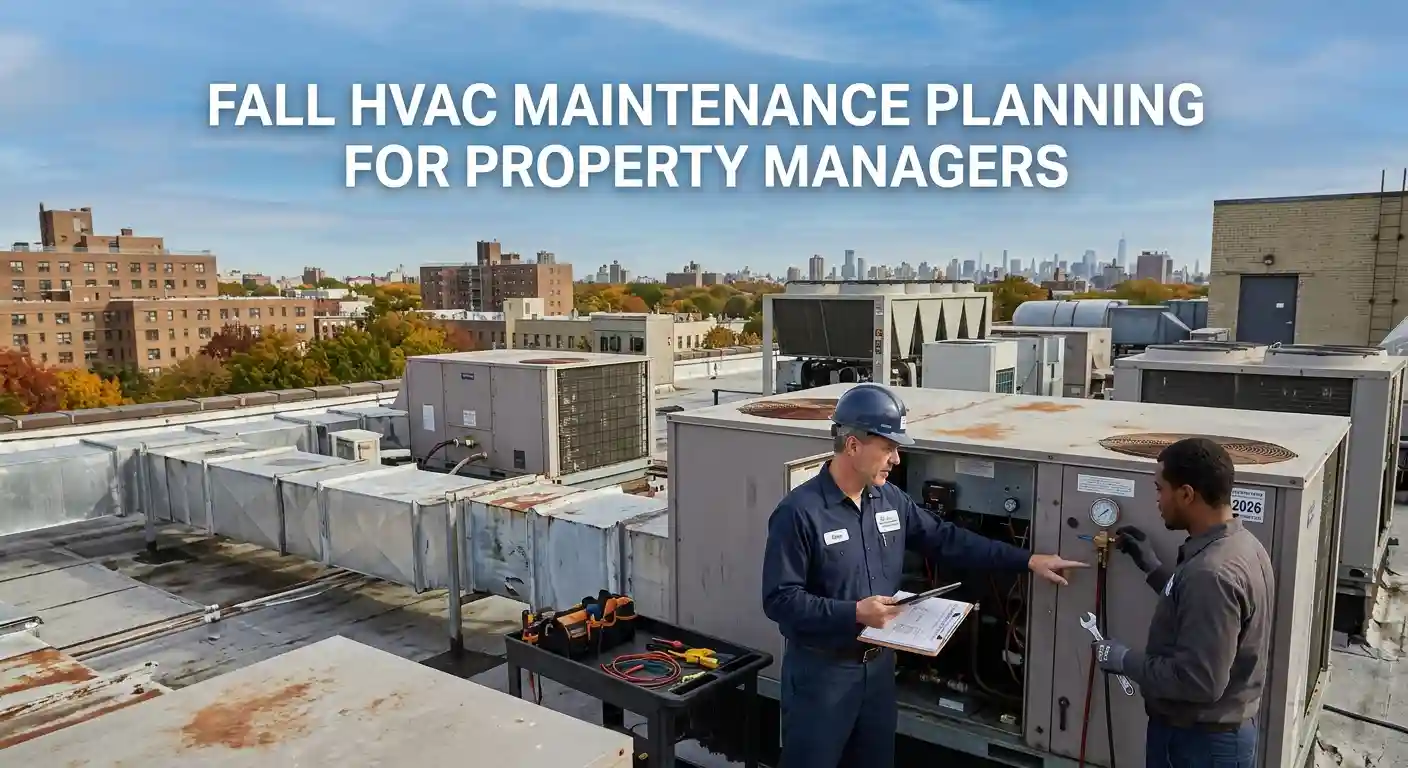 Technicians performing autumn maintenance on commercial rooftop HVAC units.