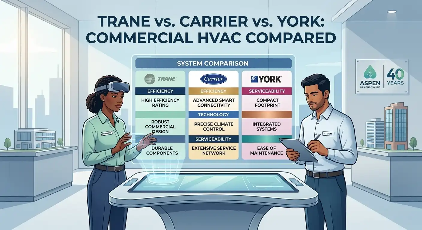 An illustrative infographic comparing Trane, Carrier, and York commercial HVAC systems, detailing key performance features and specifications.