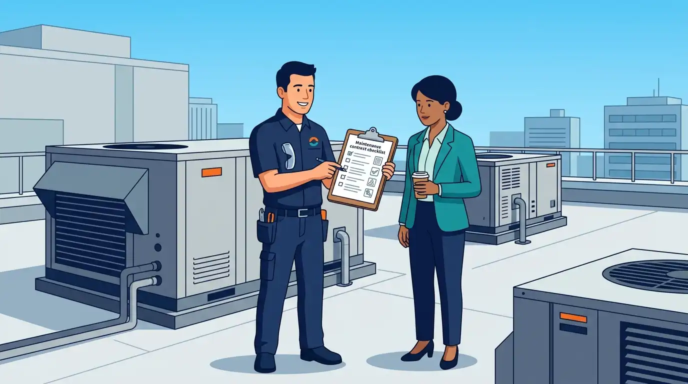 Flat vector illustration of an HVAC technician and a business manager reviewing a commercial HVAC maintenance contract checklist on a clipboard, standing on a building rooftop next to large commercial air conditioning units.