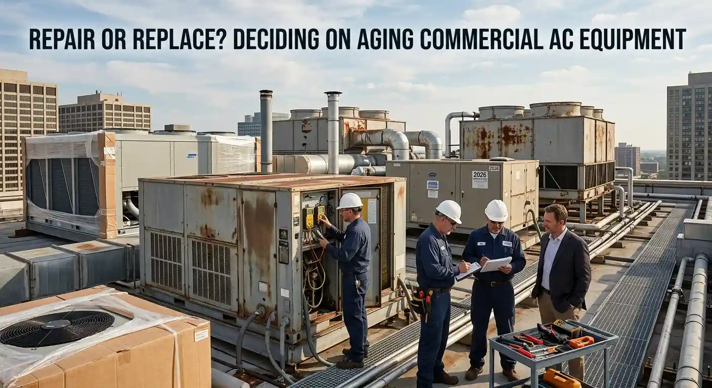 HVAC technicians and a building manager evaluate old and new rooftop AC units.