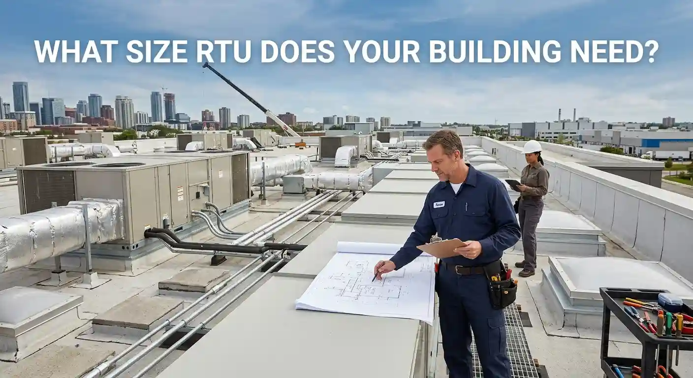 Engineers review a building blueprint on a roof with existing large industrial RTUs.