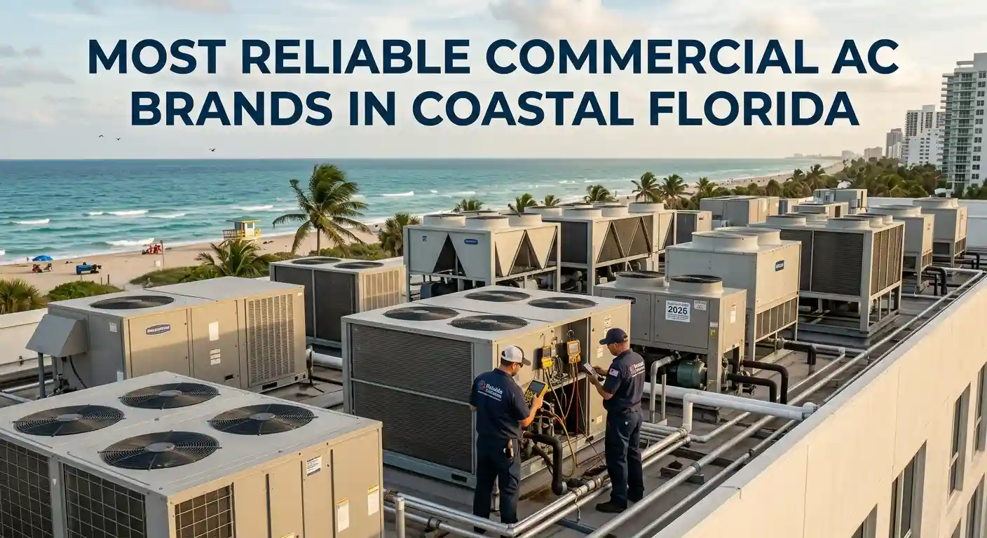 Technicians servicing rooftop commercial AC units overlooking a coastal Florida beach.