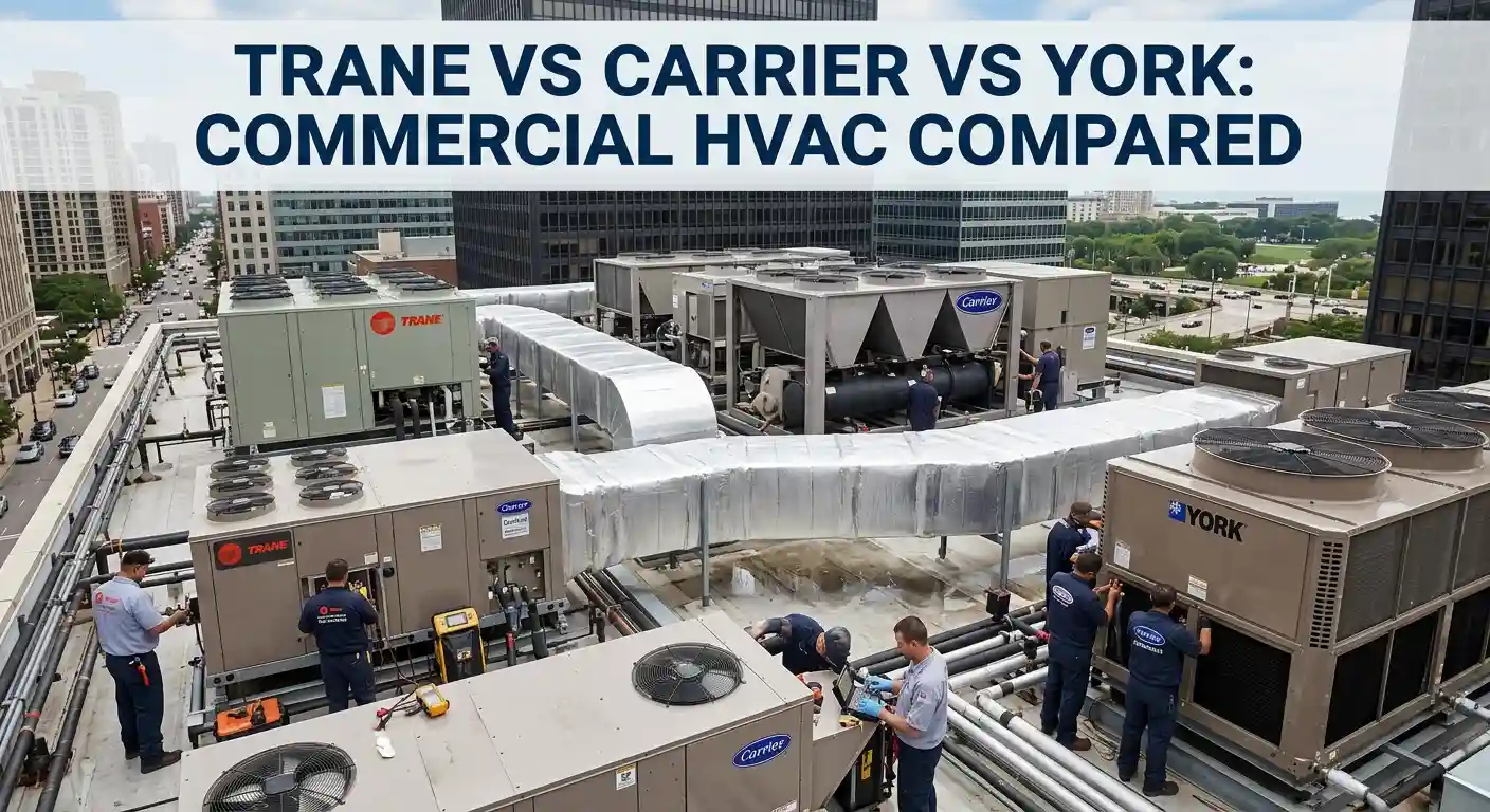 Technicians service Trane, Carrier, and York rooftop HVAC units on a commercial building.