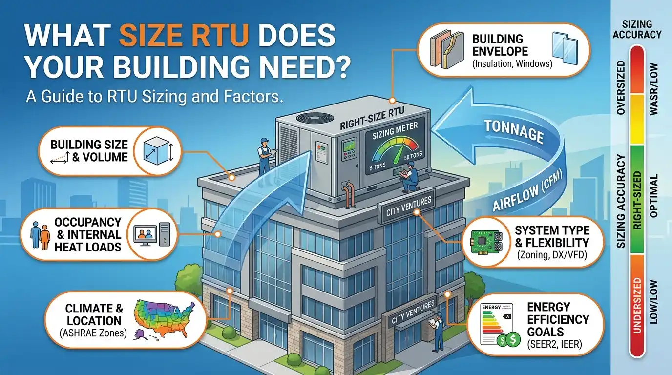 An infographic illustrating the factors and accuracy scale for determining the correct Rooftop Unit (RTU) size for a commercial building.