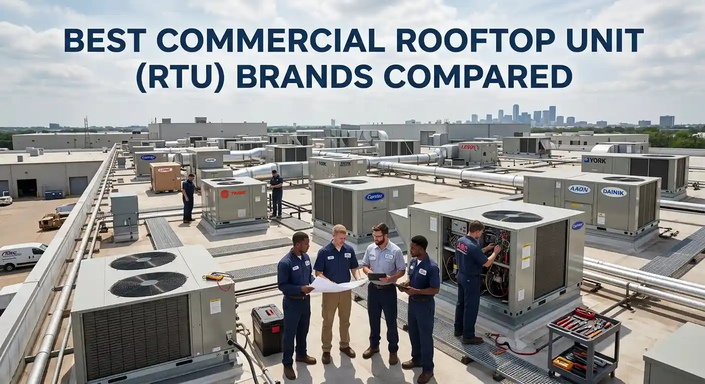 HVAC technicians examining blueprints near commercial rooftop units on a building.