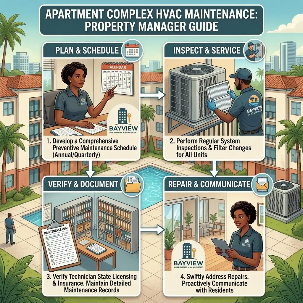 Multi-story apartment complex with central rooftop HVAC and unit-level air conditioning
