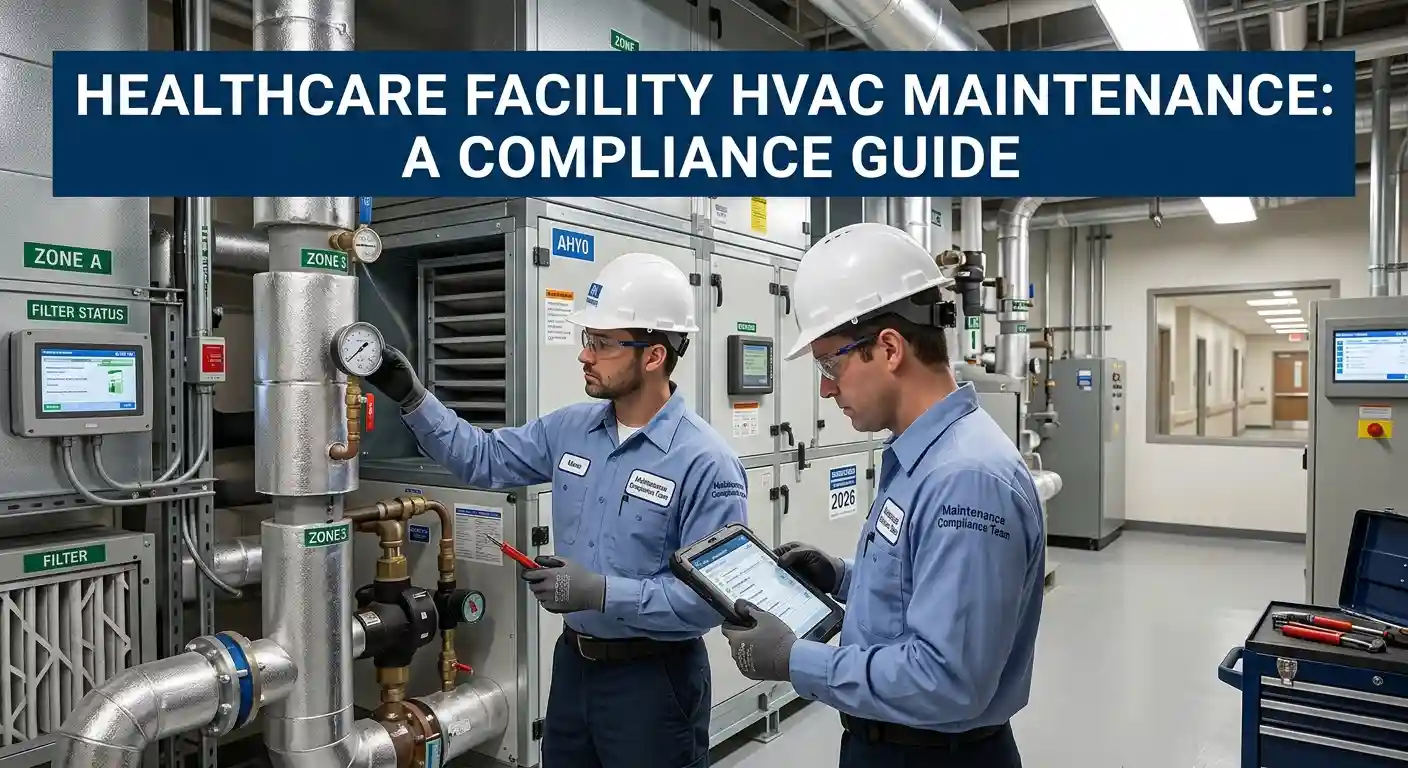 Technicians inspecting hospital ventilation systems for compliance checks.