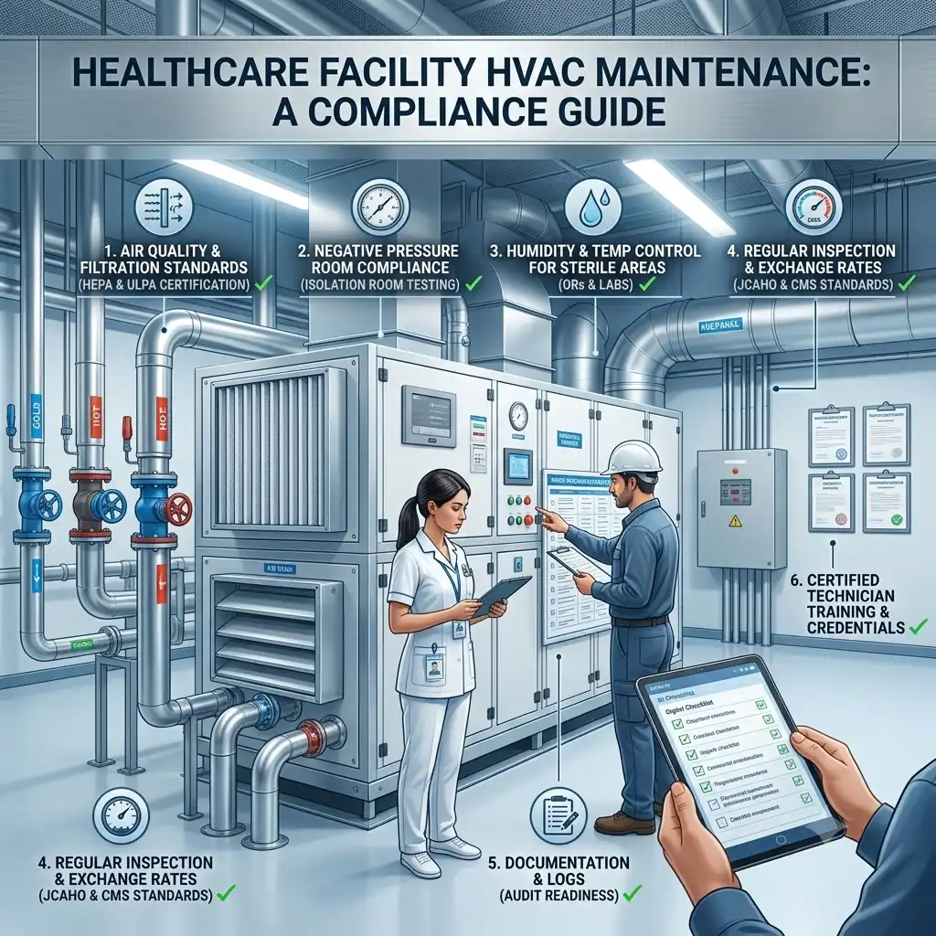 Three categories monitored in healthcare HVAC compliance: air changes and pressure, filtration, temperature and humidity