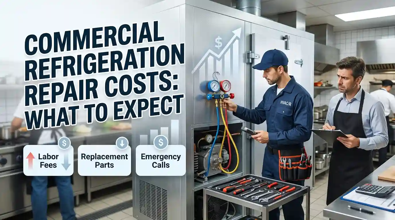 An informative image featuring a technician in a uniform (HVAC/R on shirt) using manifold gauges to service a large commercial walk-in cooler in a restaurant kitchen. A concerned restaurant manager with a clipboard and calculator watches. Large text asks "COMMERCIAL REFRIGERATION REPAIR COSTS: WHAT TO EXPECT". Below are three boxes detailing common costs: Labor Fees (with arrows), Replacement Parts, and Emergency Calls (with a dollar sign). The image is a photo with graphic overlays.