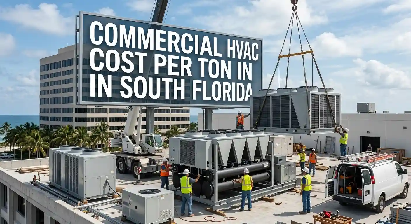 Workers and a crane installing commercial HVAC units on a beachfront rooftop.