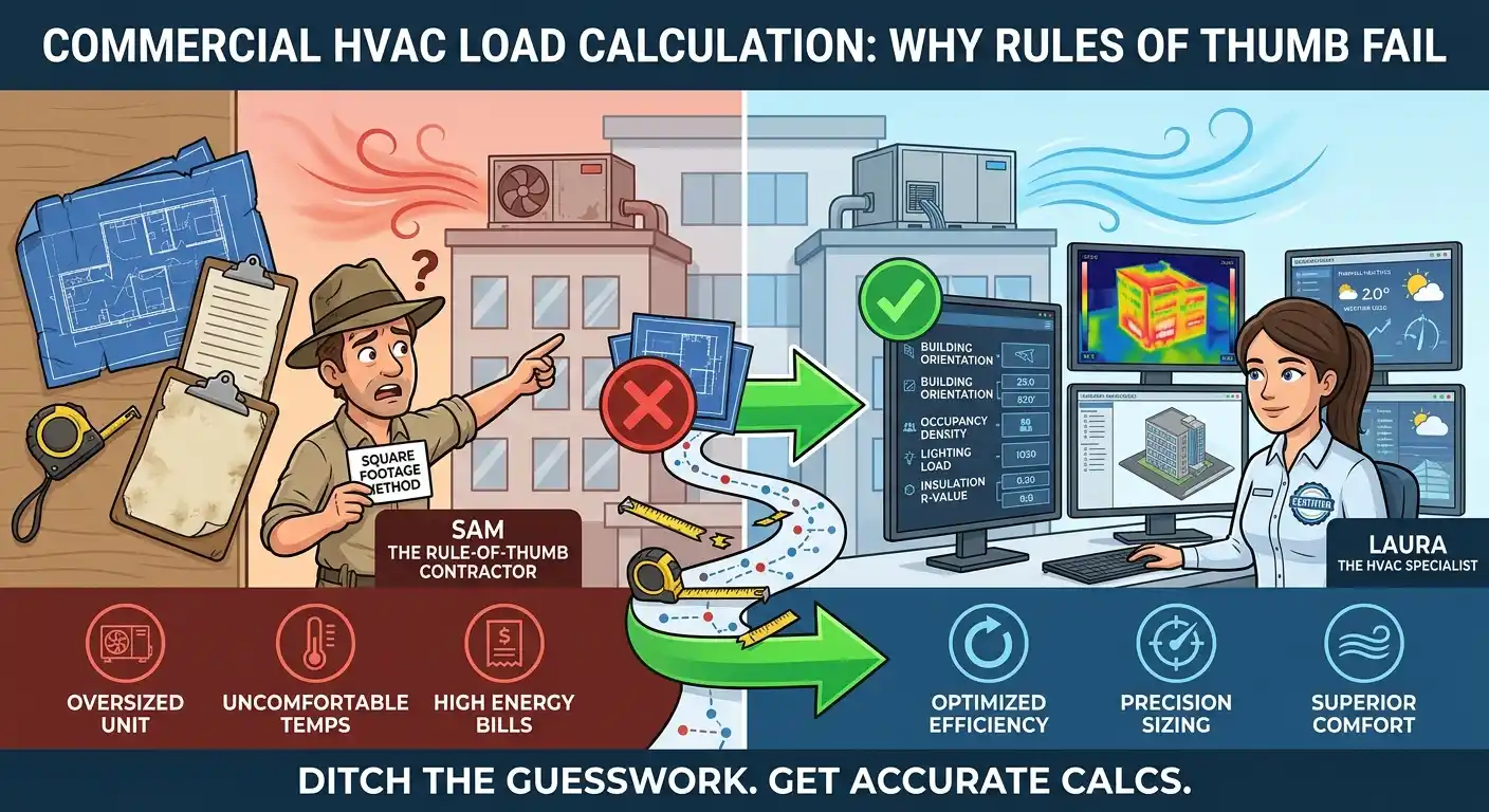 An infographic comparing traditional, inaccurate 'rules of thumb' for commercial HVAC sizing (which use only square footage and result in problems like over-sizing and discomfort) with accurate engineering load calculations (which use data like building orientation, density, and insulation to achieve precision and efficiency). The left side shows a stressed contractor with a 'square footage method' card. The right side shows a professional HVAC specialist using computer software and thermal analysis.