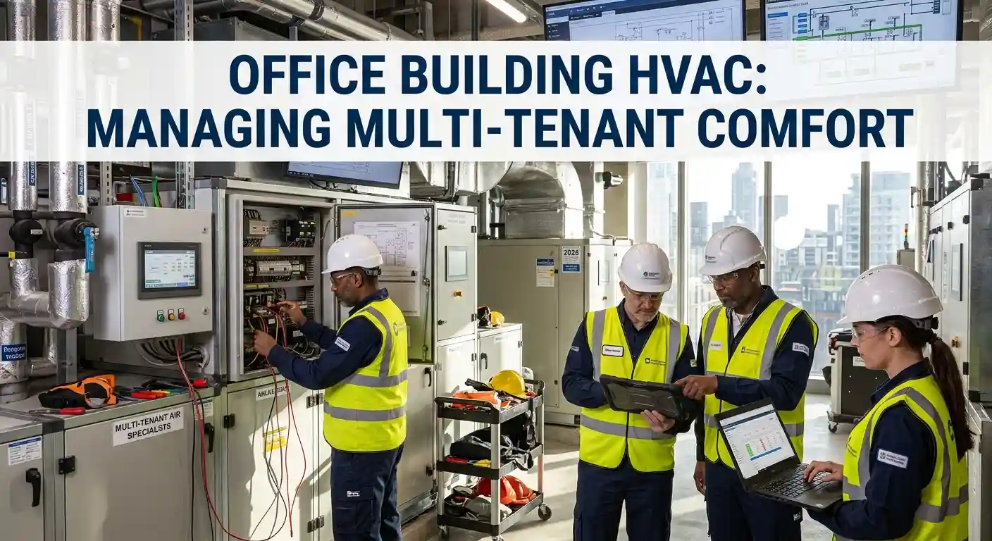 Technicians inspecting commercial office building HVAC controls and equipment.