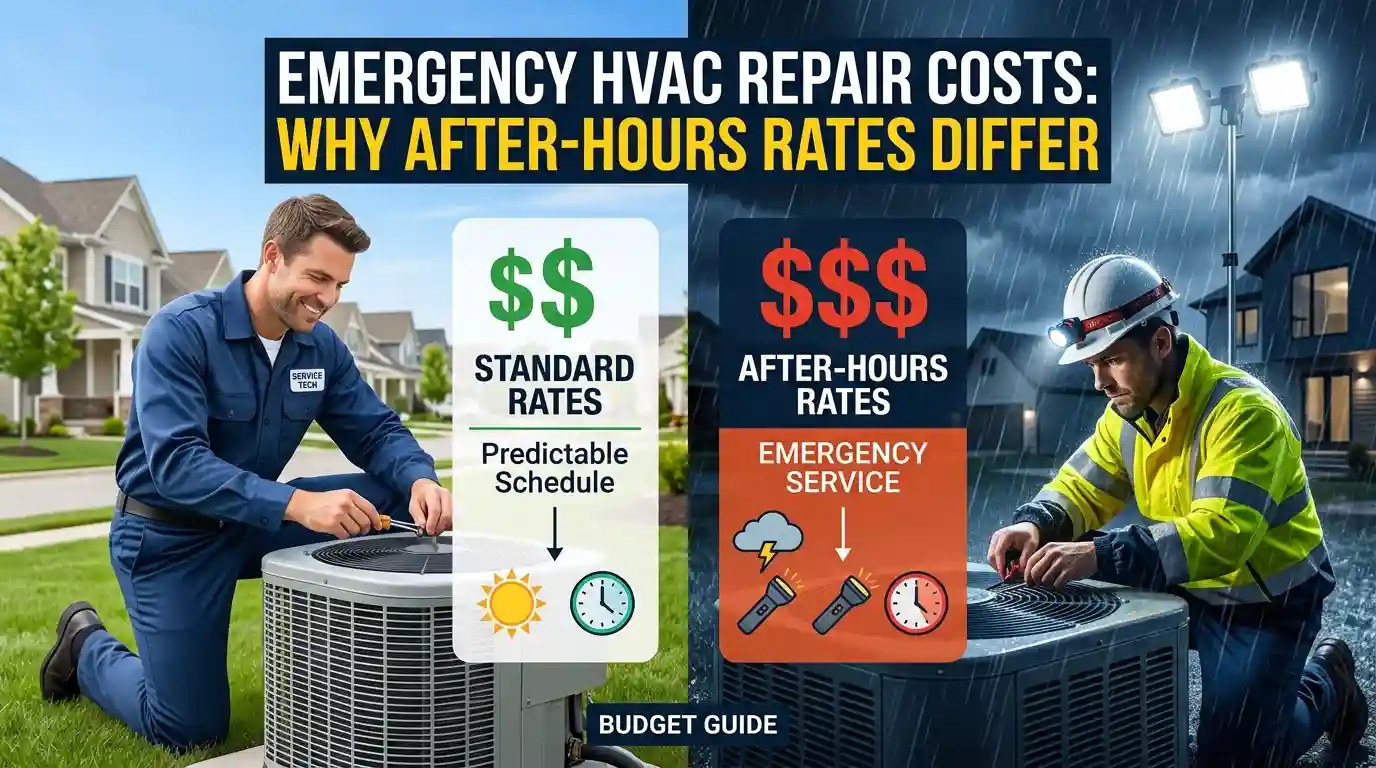 A split-screen comparison graphic contrasting standard HVAC service with emergency after-hours repair. The left panel shows a smiling technician working on an AC unit during a sunny day in a suburban neighborhood, illustrating "Predictable Schedule" and "$$ STANDARD RATES". The right panel shows an HVAC technician in safety gear, a hard hat, and headlamp working under floodlights during a nighttime rainstorm, illustrating "EMERGENCY SERVICE" and "$$$ AFTER-HOURS RATES". The top text reads: "EMERGENCY HVAC REPAIR COSTS: WHY AFTER-HOURS RATES DIFFER".