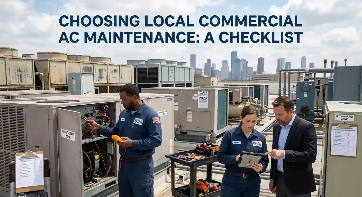 Technicians and manager reviewing a commercial AC maintenance checklist on a rooftop.