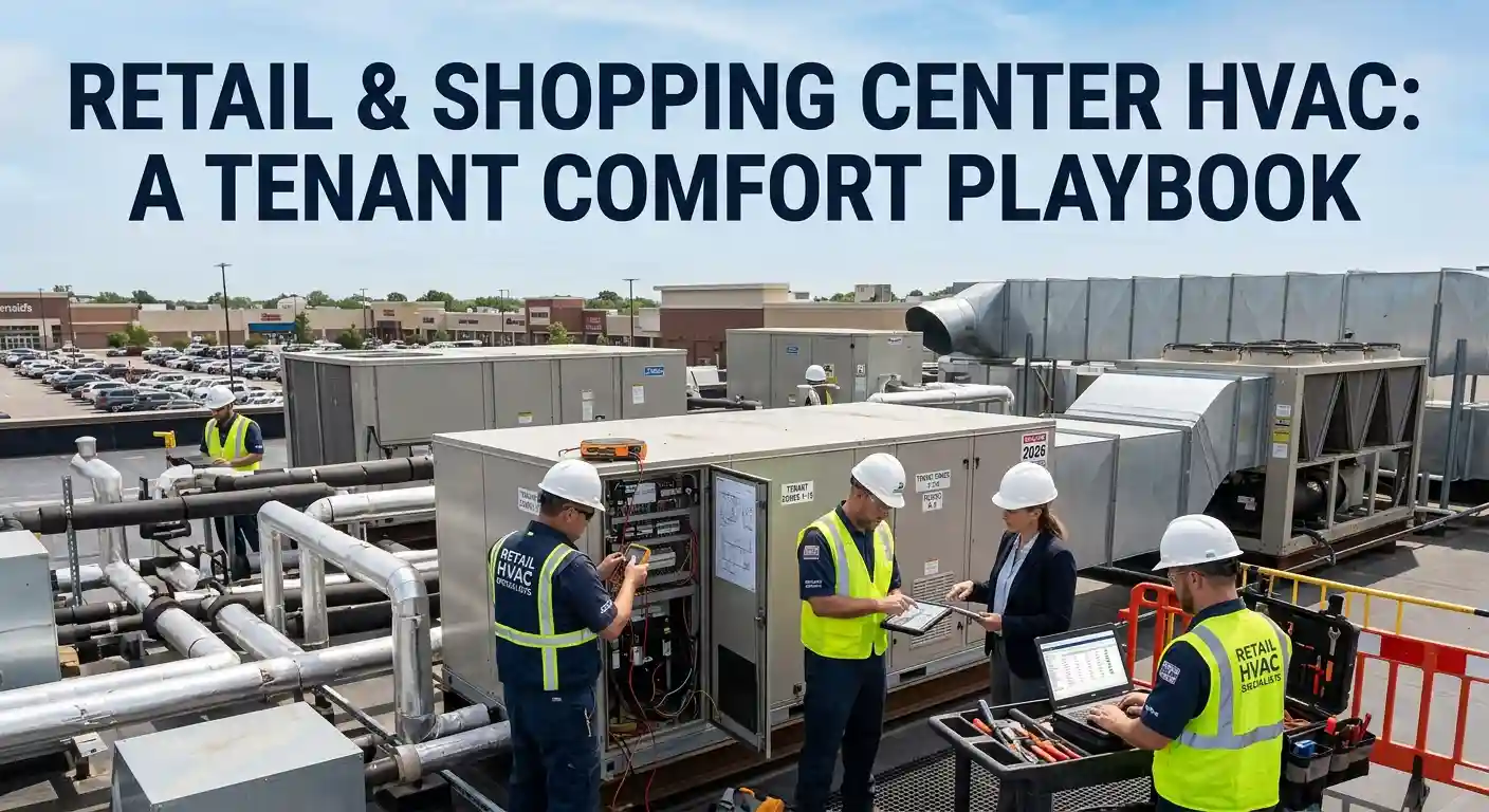 Technicians servicing rooftop HVAC systems at a commercial shopping center.