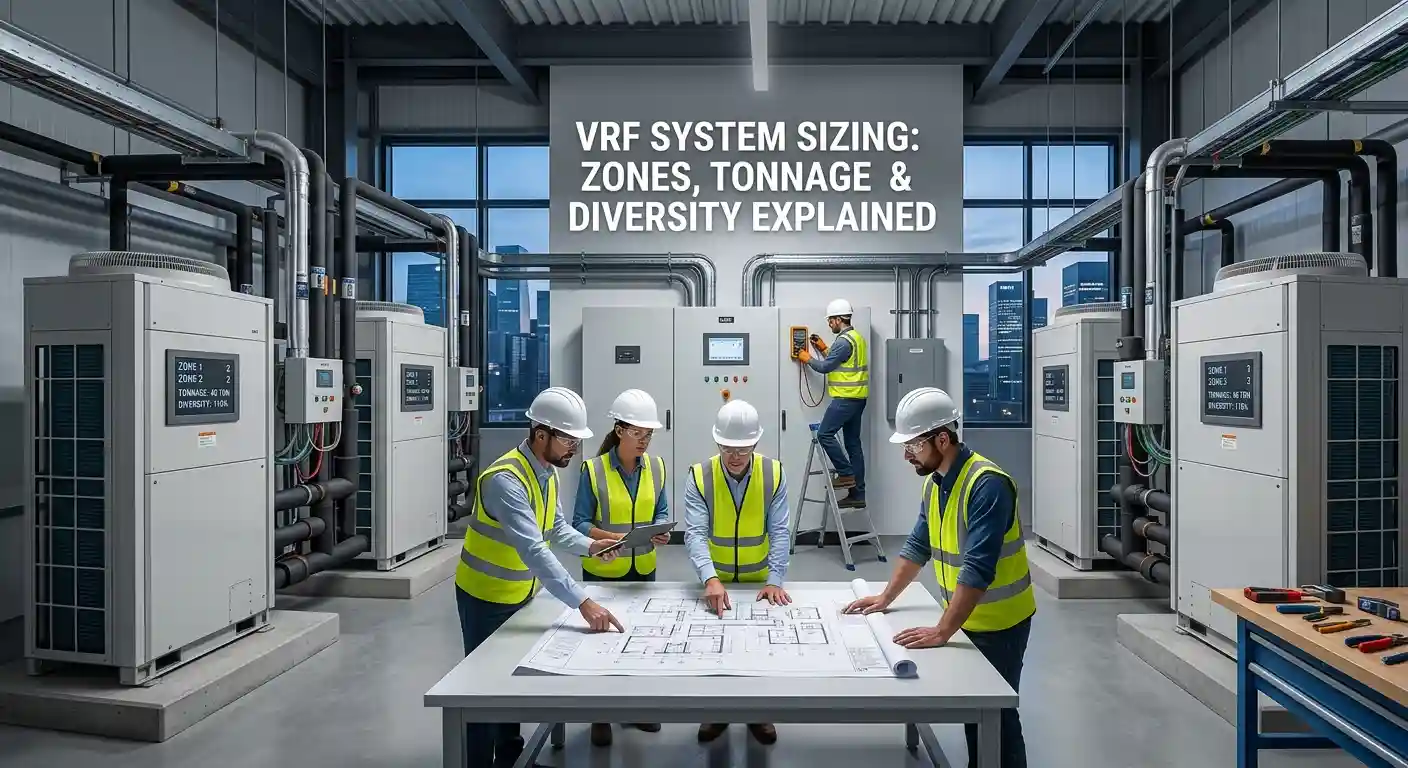 Engineers reviewing HVAC blueprints in a commercial equipment room with large VRF units.