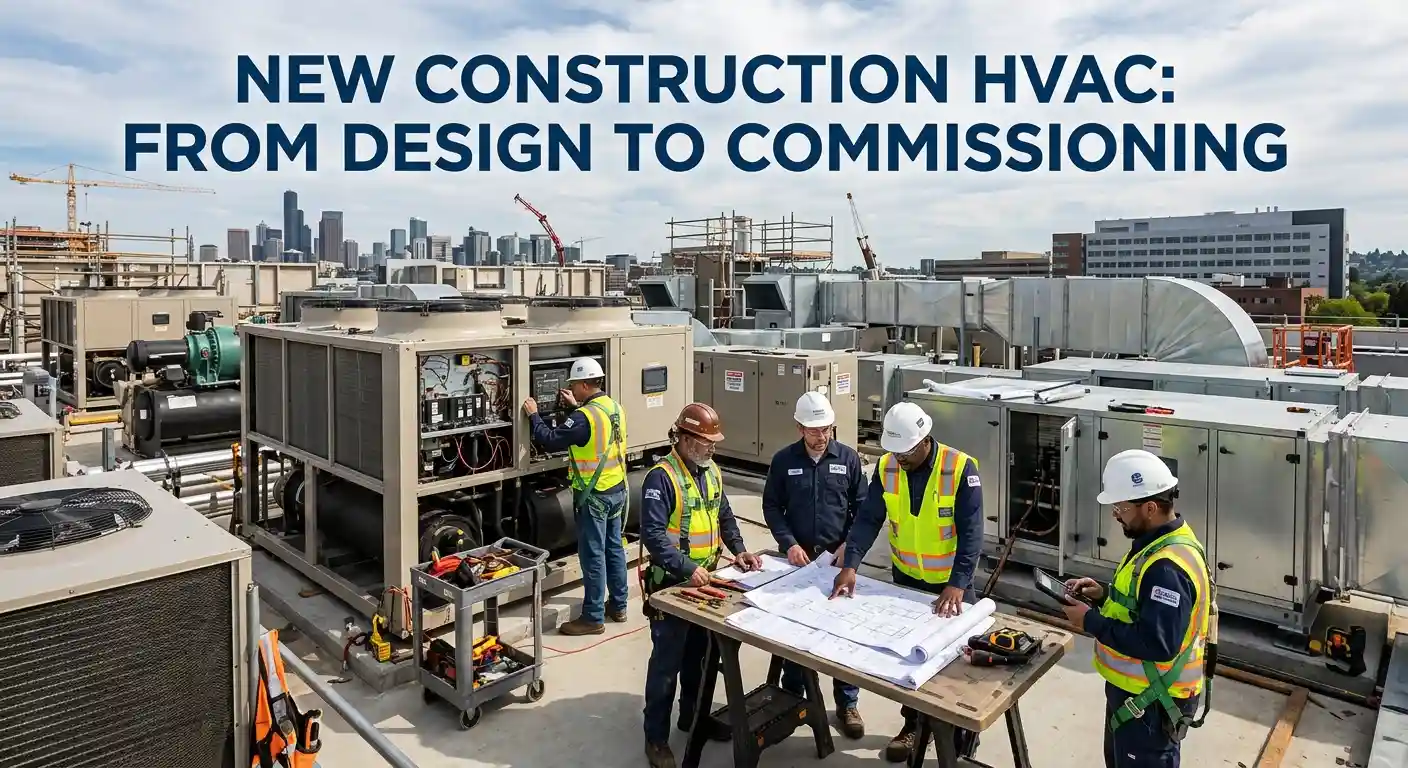 Engineers reviewing blueprints during commercial HVAC commissioning at a job site.