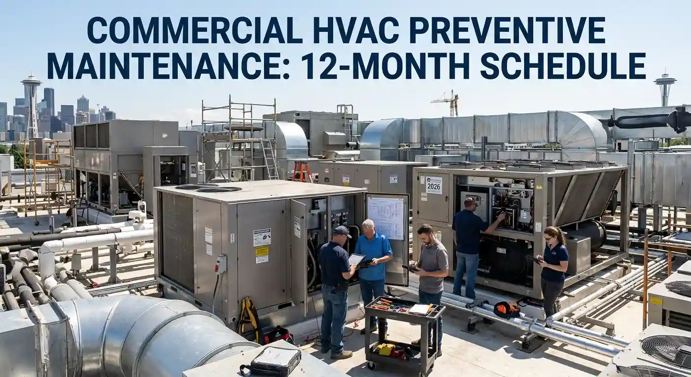 Technicians servicing large rooftop HVAC systems in a city.