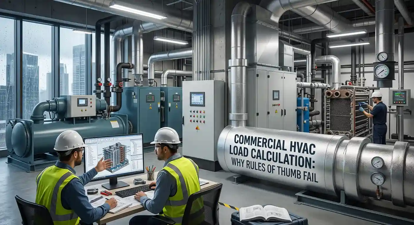 Engineers running load calculation software in a commercial mechanical room.