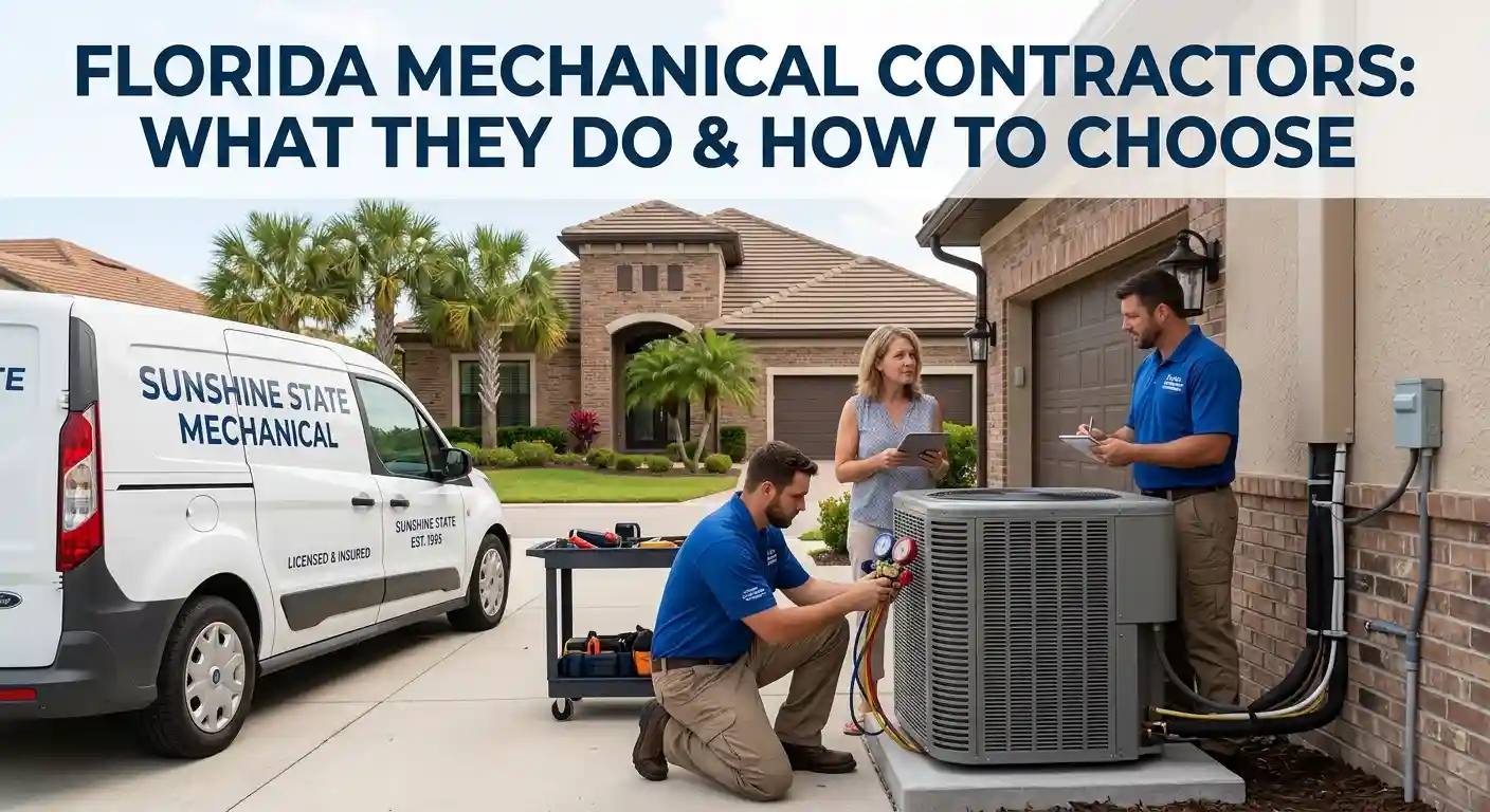 Mechanical contractors servicing an outdoor AC unit at a Florida home with a service van parked in the driveway.