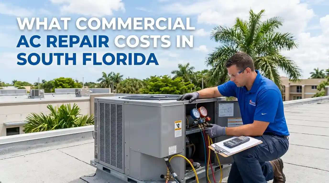 An HVAC technician in a blue uniform and safety glasses kneels on a South Florida commercial rooftop under a partly cloudy sky, using manifold gauges to service a large AC unit while holding a clipboard and calculator. In the background are palm trees and neighboring commercial buildings. Large white text in the top left corner reads: WHAT COMMERCIAL AC REPAIR COSTS IN SOUTH FLORIDA.