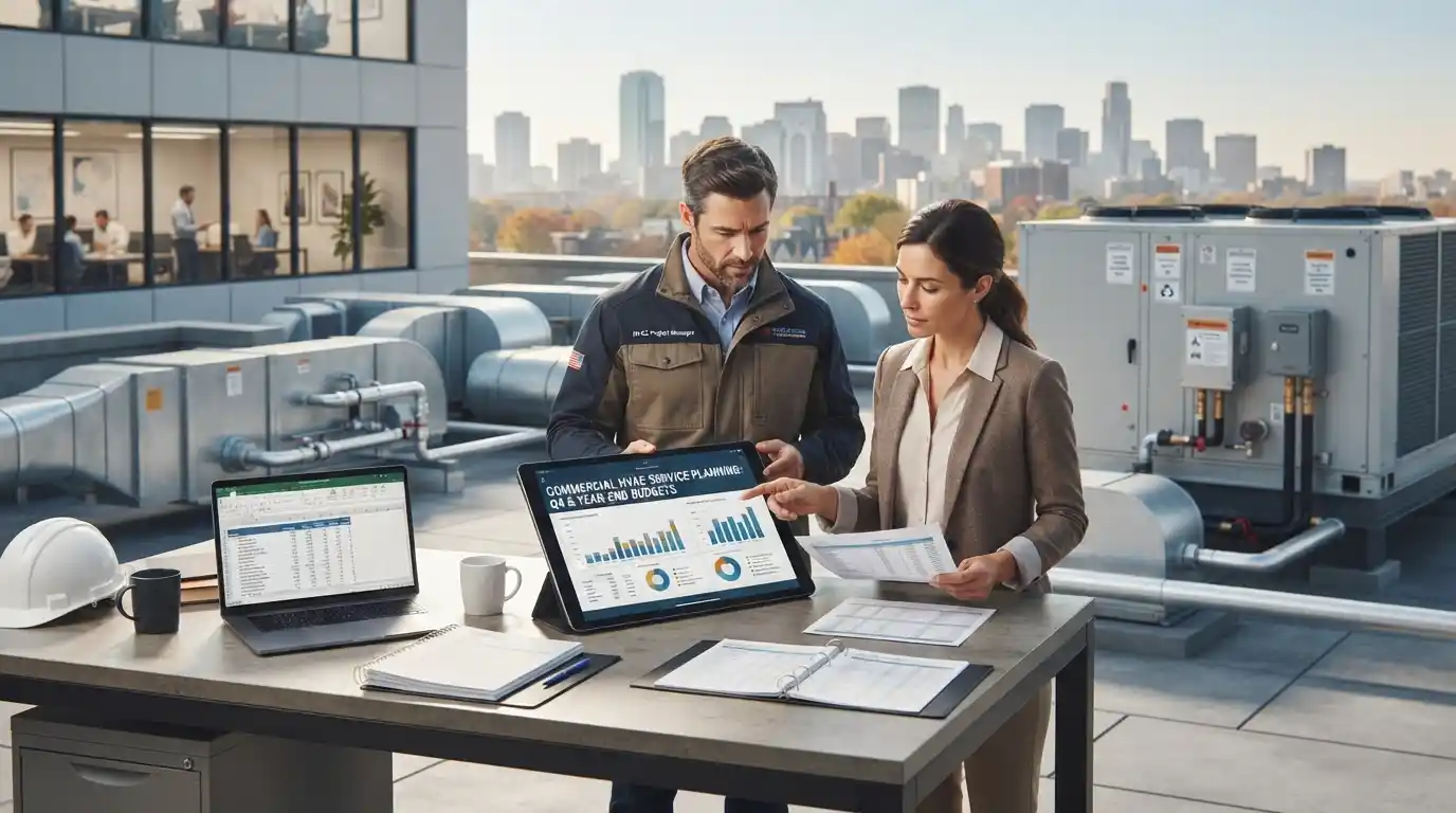 A commercial HVAC service technician and a facility manager reviewing Q4 and year-end budget analytics on a tablet and laptop at an outdoor rooftop workstation with commercial HVAC units and a city skyline in the background.