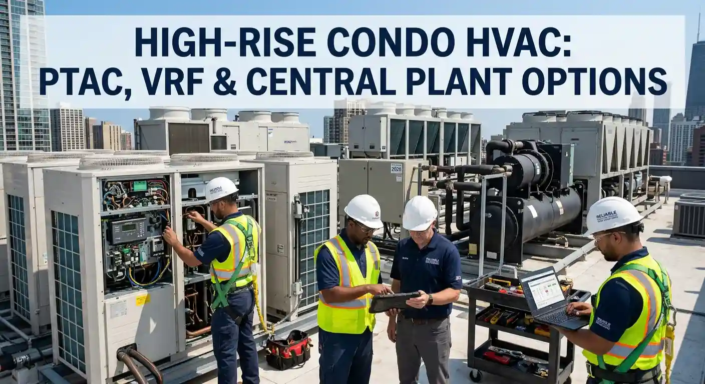 Technicians inspecting commercial HVAC systems on a high-rise rooftop in a city.