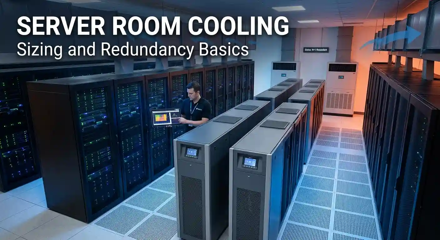 A detailed photograph from above an aisle in a data center. An IT technician stands among rows of dark server racks with blinking blue and green LEDs, holding a tablet displaying a thermal imaging map of a server rack. Text overlay in the top-left corner reads "SERVER ROOM COOLING" and "Sizing and Redundancy Basics". Large in-row cooling and power units are in the foreground, and larger Computer Room Air Conditioner (CRAC) units are in the background, including one displaying "Status: N+1 Redundant". The floor is covered with perforated tiles.