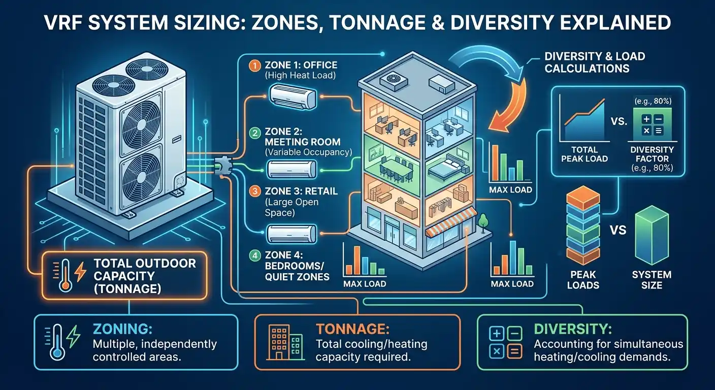 An technical graphic demonstrating VRF HVAC system sizing concepts, showing outdoor unit connections to multiple indoor zones, tonnage load calculations, and diversity factor comparison.