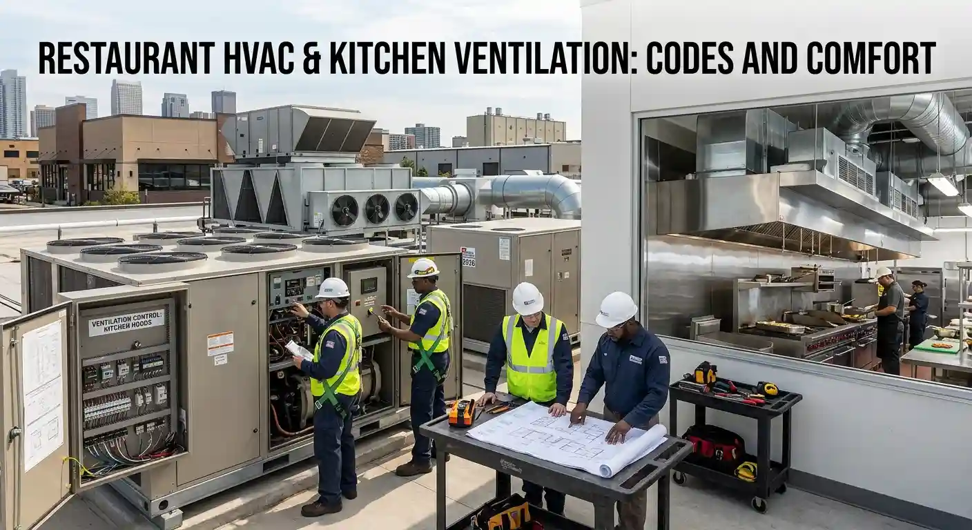 Technicians inspecting commercial HVAC and kitchen ventilation systems to ensure codes and comfort.