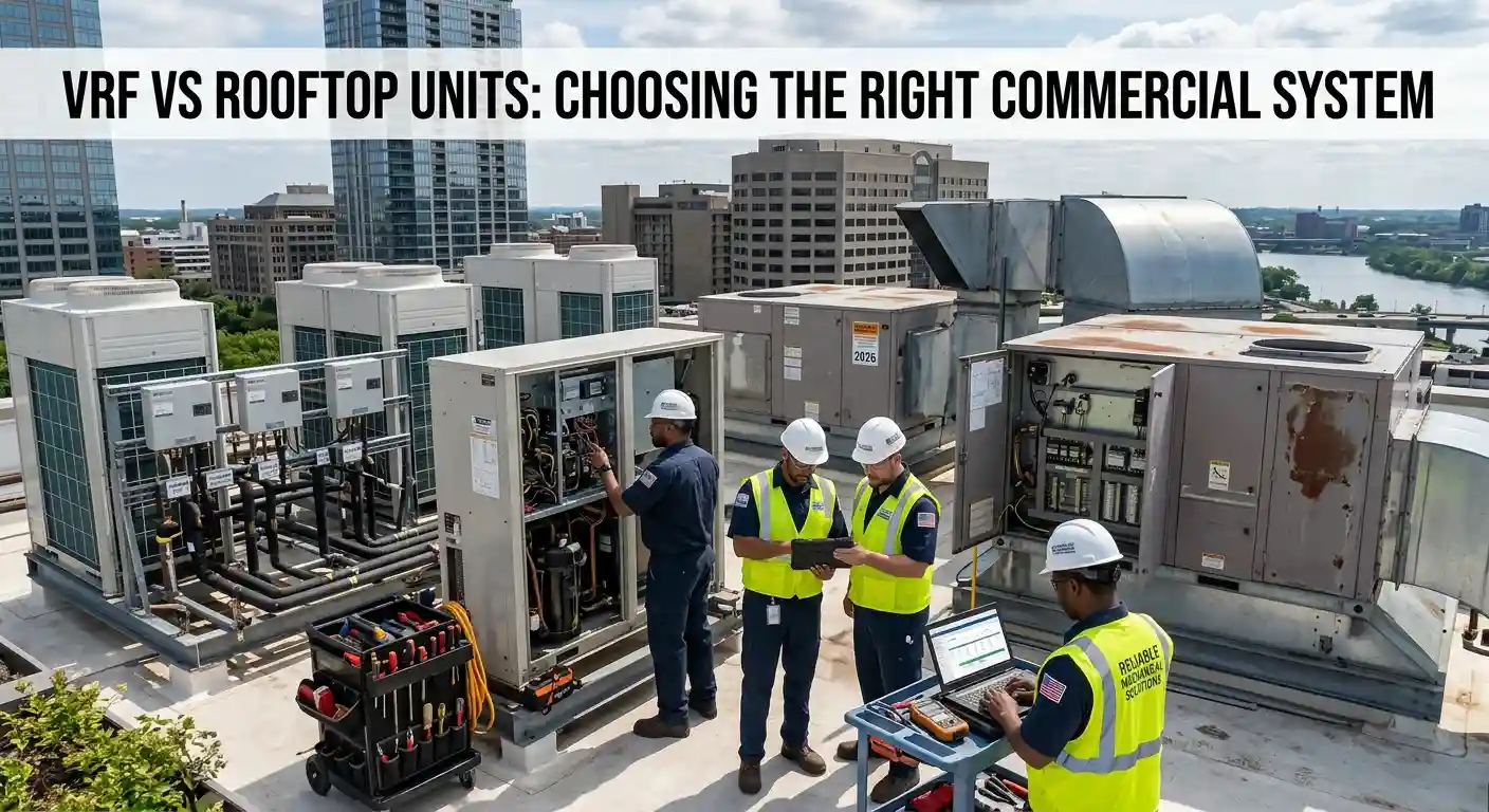 Engineers comparing commercial VRF and rooftop HVAC systems on a roof.