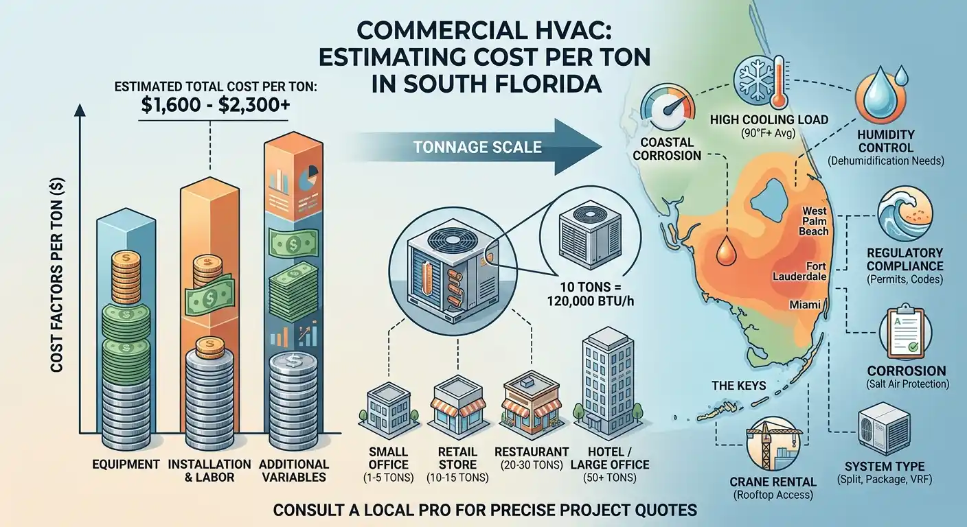 An infographic chart outlining commercial HVAC installation cost factors per ton in South Florida, featuring breakdown estimates, building scale, and regional considerations like coastal corrosion and humidity control.