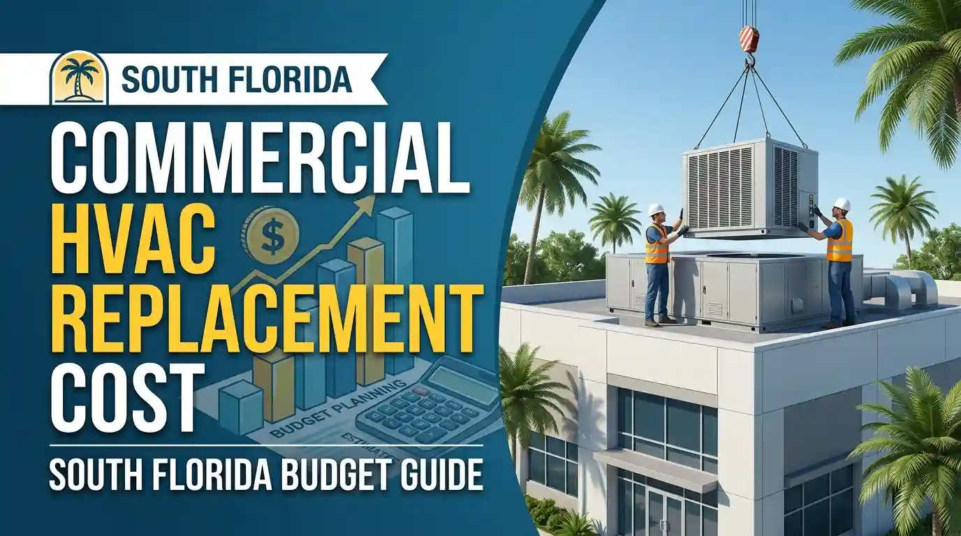 A split graphic showing two workers on a flat commercial roof guiding a large HVAC unit being lowered by a crane, surrounded by tropical palm trees. The left side features a blue background with the text "South Florida Commercial HVAC Replacement Cost: South Florida Budget Guide" alongside financial icons including a rising bar chart, a dollar coin, and a calculator.