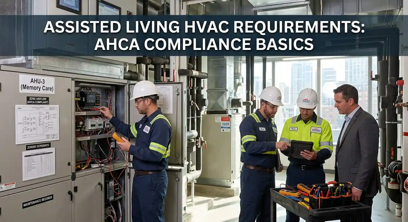 Technicians reviewing HVAC controls for AHCA compliance in an assisted living facility.