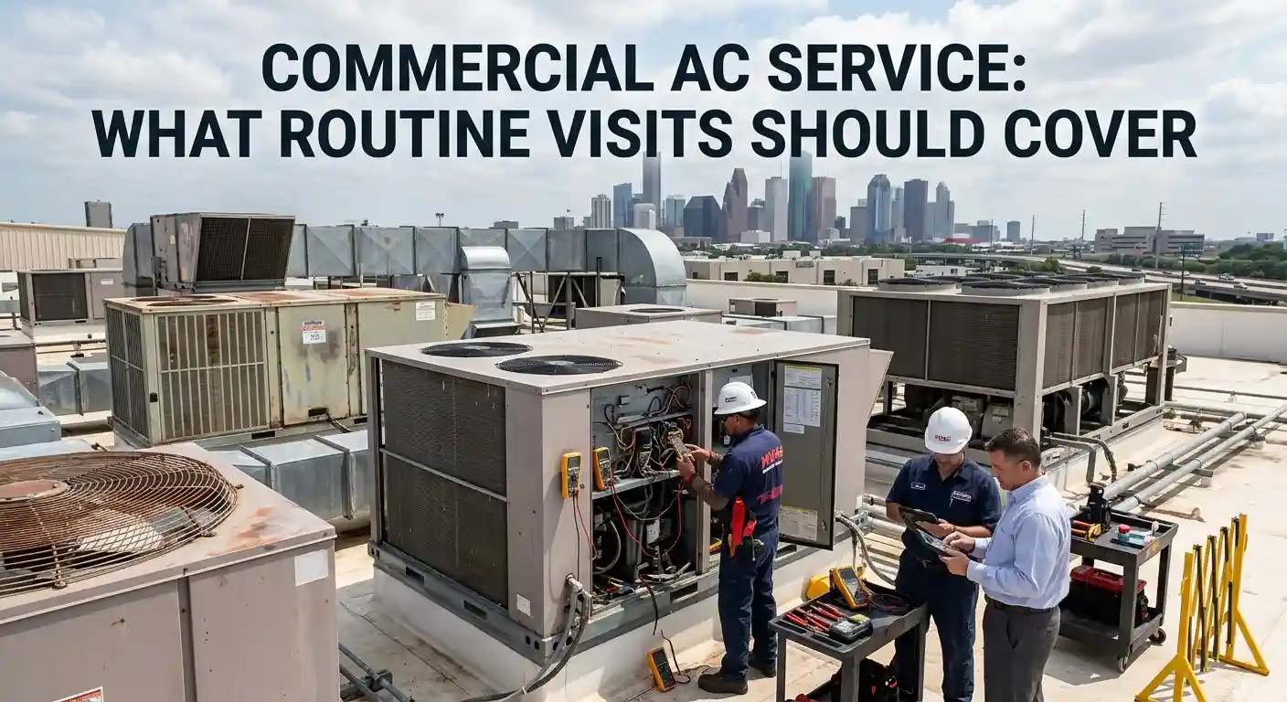 Technicians performing a scheduled maintenance inspection on a commercial rooftop AC unit.